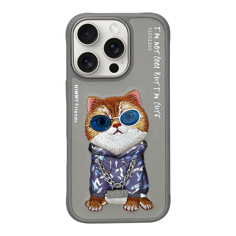 iPhone 16 Pro Nimmy Embroidery Chain Series Back Cover - Titanium Cat