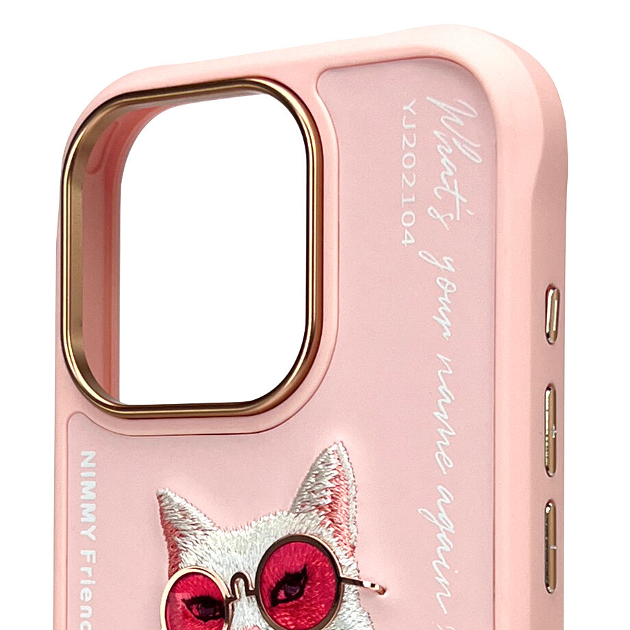 iPhone 16 Pro Nimmy Embroidery Chain Series Back Cover - Pink Cat
