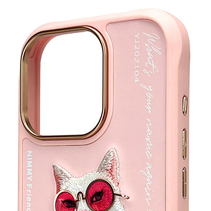 iPhone 16 Pro Nimmy Embroidery Chain Series Back Cover - Pink Cat