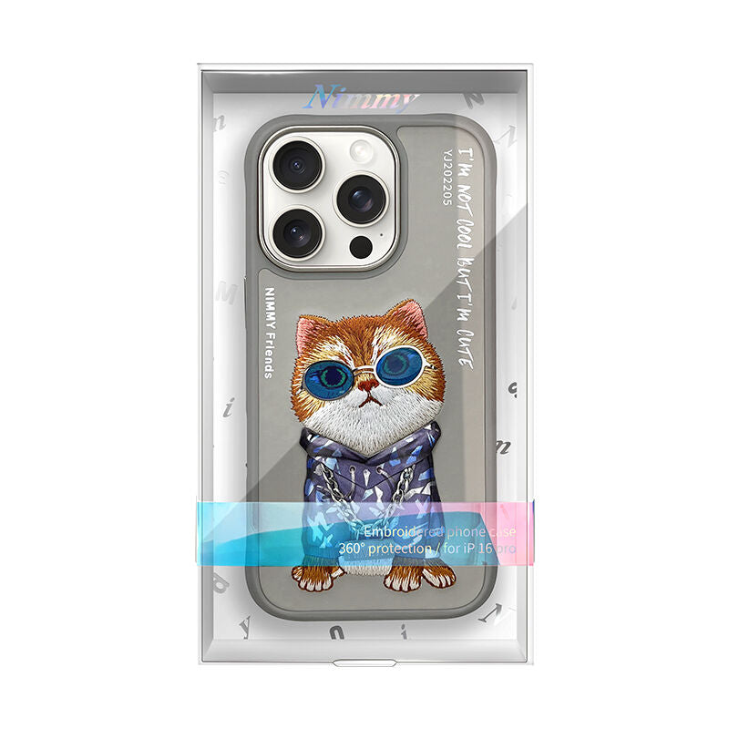 iPhone 16 Pro Nimmy Embroidery Chain Series Back Cover - Titanium Cat