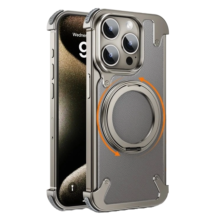 iPhone 15 Pro Metal Rimless Leather Rotating Ring Impact Resistance Casing with MagSafe - Titanium