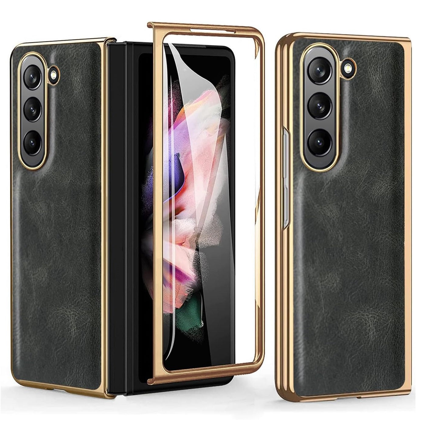 Samsung Galaxy Z Fold 5 Gold Plated Leather Case With Front Glass - Gray