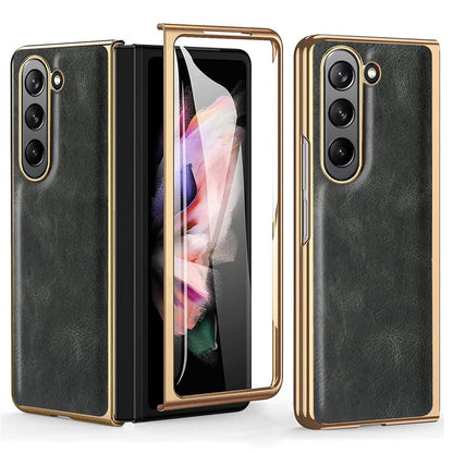 Samsung Galaxy Z Fold 5 Gold Plated Leather Case With Front Glass - Gray