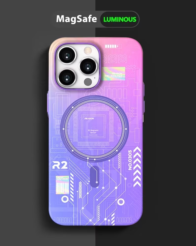 iPhone 15 Pro Max Radium Glow Futuristic Tech Design Magsafe Case - Purple
