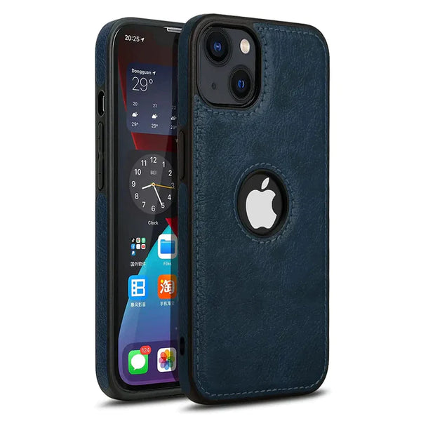 Fine Stitiching iPhone 15 Leather Case Back Cover- Blue
