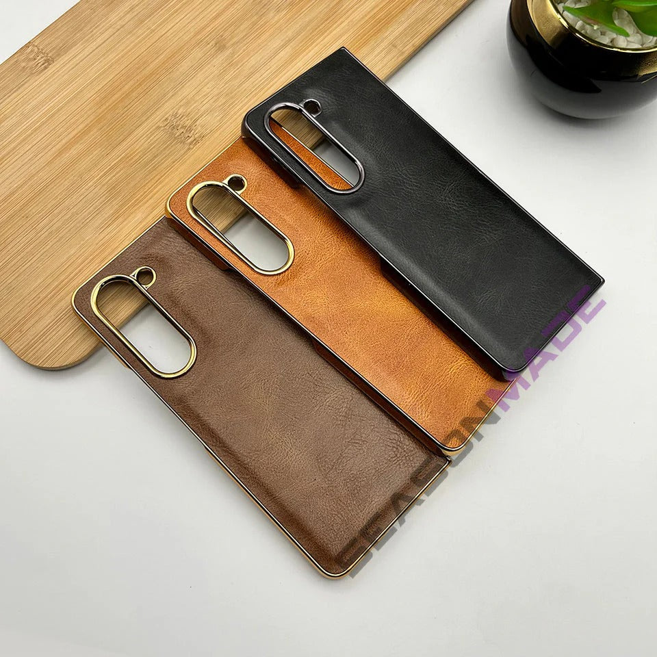 Samsung Galaxy Z Fold 6 Gold Plated Leather Case With Front Glass Protection