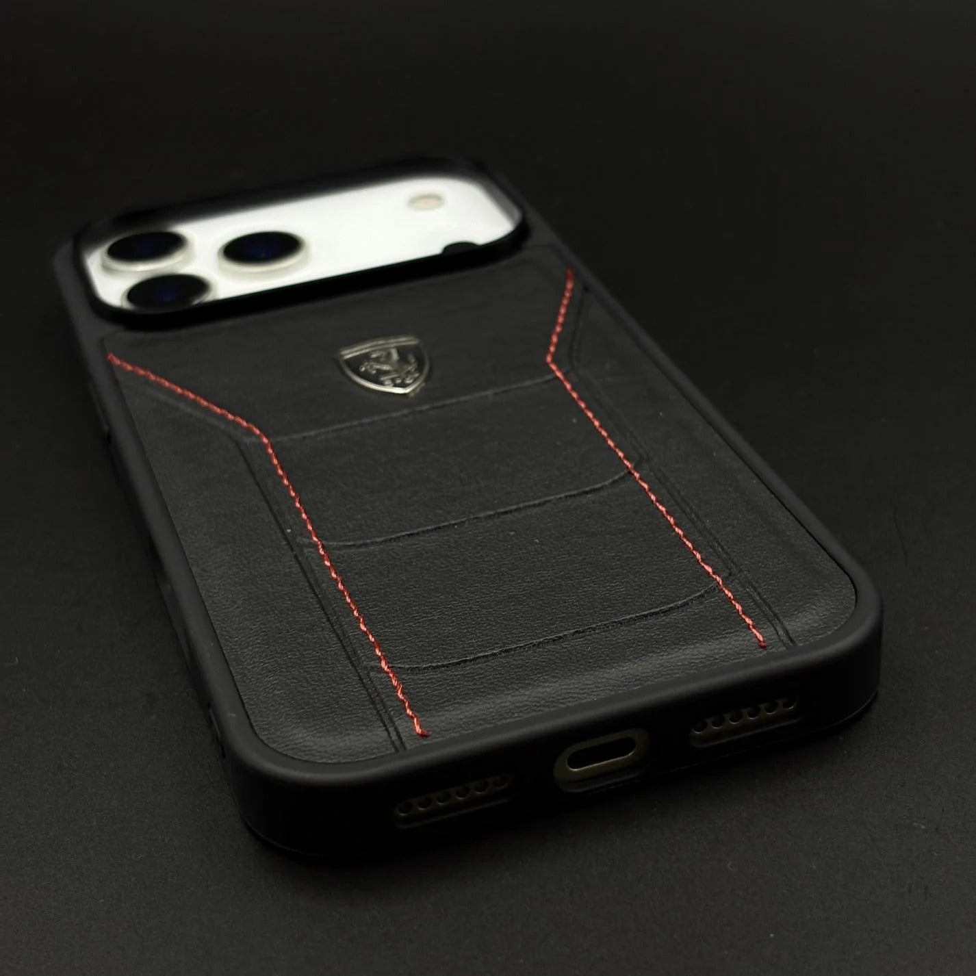 iPhone 17 Pro Leather Back Cover Ferrari Sports Stitched Leather Case - Black