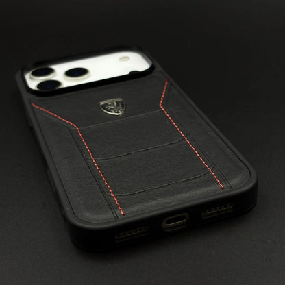 iPhone 17 Pro Leather Back Cover Ferrari Sports Stitched Leather Case - Black
