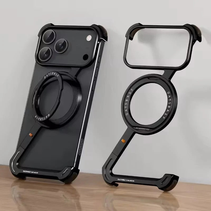 iPhone 18 Pro Max Z Shape Frameless Metal Bumper Case with 360° Rotatable Stand & Magsafe - Black