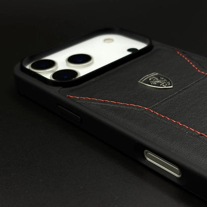 iPhone 17 Pro Leather Back Cover Ferrari Sports Stitched Leather Case - Black