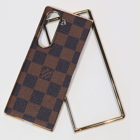 Samsung Galaxy Z Fold7 Luxury Check Pettern Gold Plated Leather Case - Brown