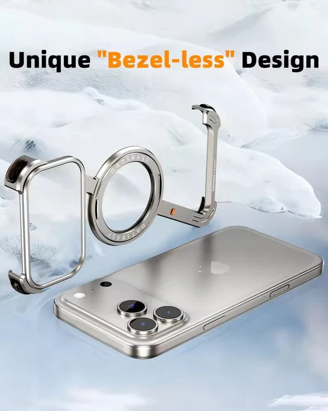 iPhone 18 Pro Max Z Shape Frameless Metal Bumper Case with 360° Rotatable Stand & Magsafe - Titanium