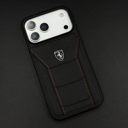 iPhone 17 Pro Leather Back Cover Ferrari Sports Stitched Leather Case - Black