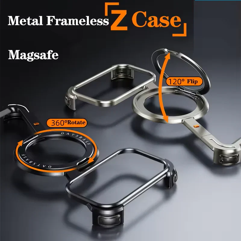 iPhone 18 Pro Max Z Shape Frameless Metal Bumper Case with 360° Rotatable Stand & Magsafe - Black