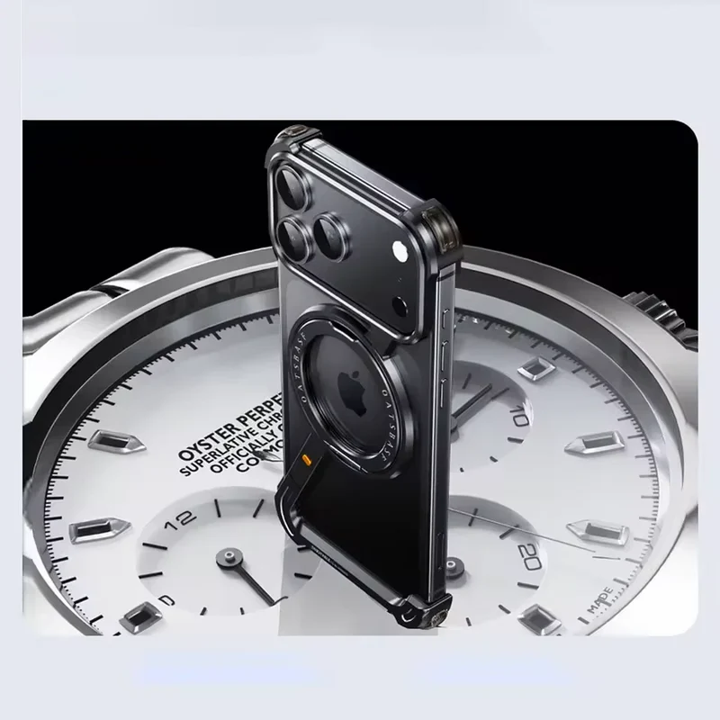 iPhone 18 Pro Max Z Shape Frameless Metal Bumper Case with 360° Rotatable Stand & Magsafe - Black