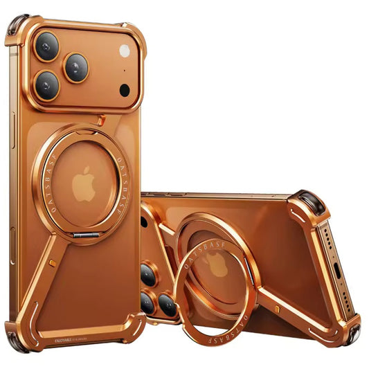 iPhone 17 Pro Max Z Shape Frameless Metal Bumper Case with 360° Rotatable Stand & Magsafe - Orange