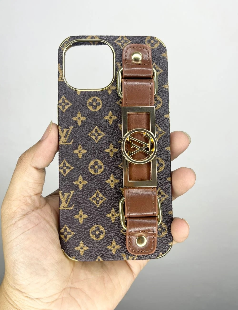 iPhone 14 Pro Luxurious Premium Louis Vuitton Leather Case with Belt - Brown