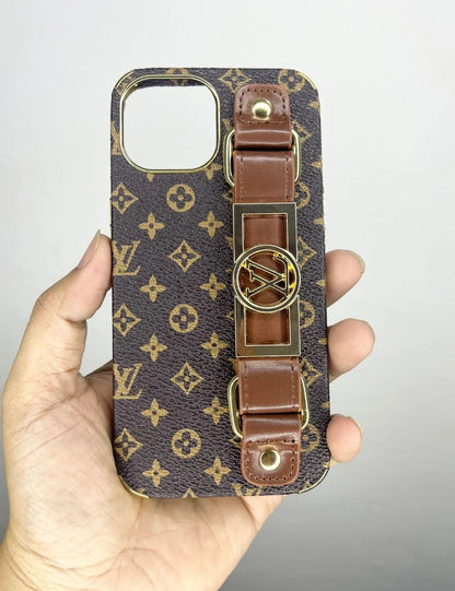 iPhone 14 Pro Luxurious Premium Louis Vuitton Leather Case with Belt - Brown