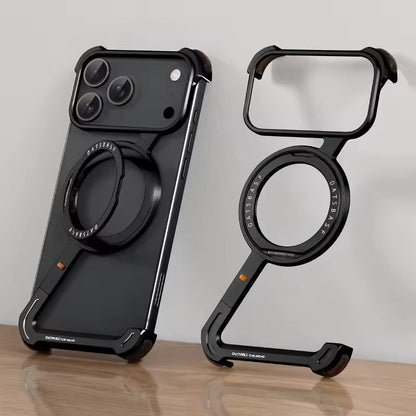 iPhone 17 Pro Z Shape Frameless Metal Bumper Case with 360° Rotatable Stand & Magsafe - Black