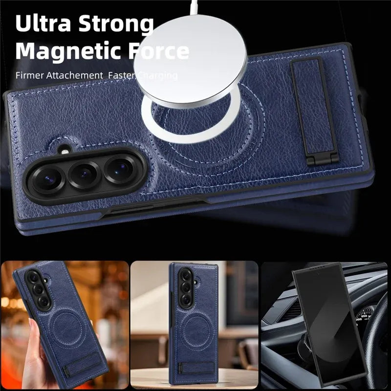 Samsung Galaxy Z Fold7 Leather Case with MagSafe & Kickstand - Black