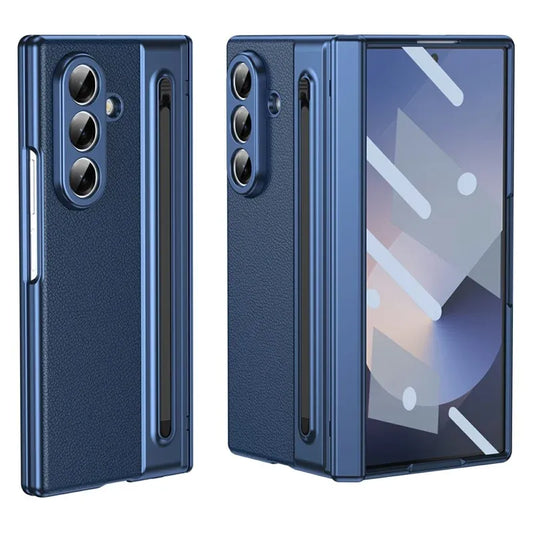 Samsung Galaxy Z Fold7 Plating Leather Case with Stylus & Glass Protection - Blue