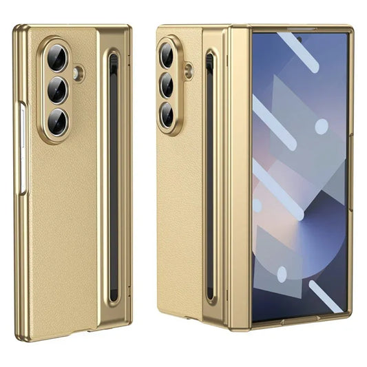 Samsung Galaxy Z Fold7 Plating Leather Case with Stylus & Glass Protection - Gold