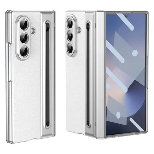 Samsung Galaxy Z Fold7 Plating Leather Case with Stylus & Glass Protection - White