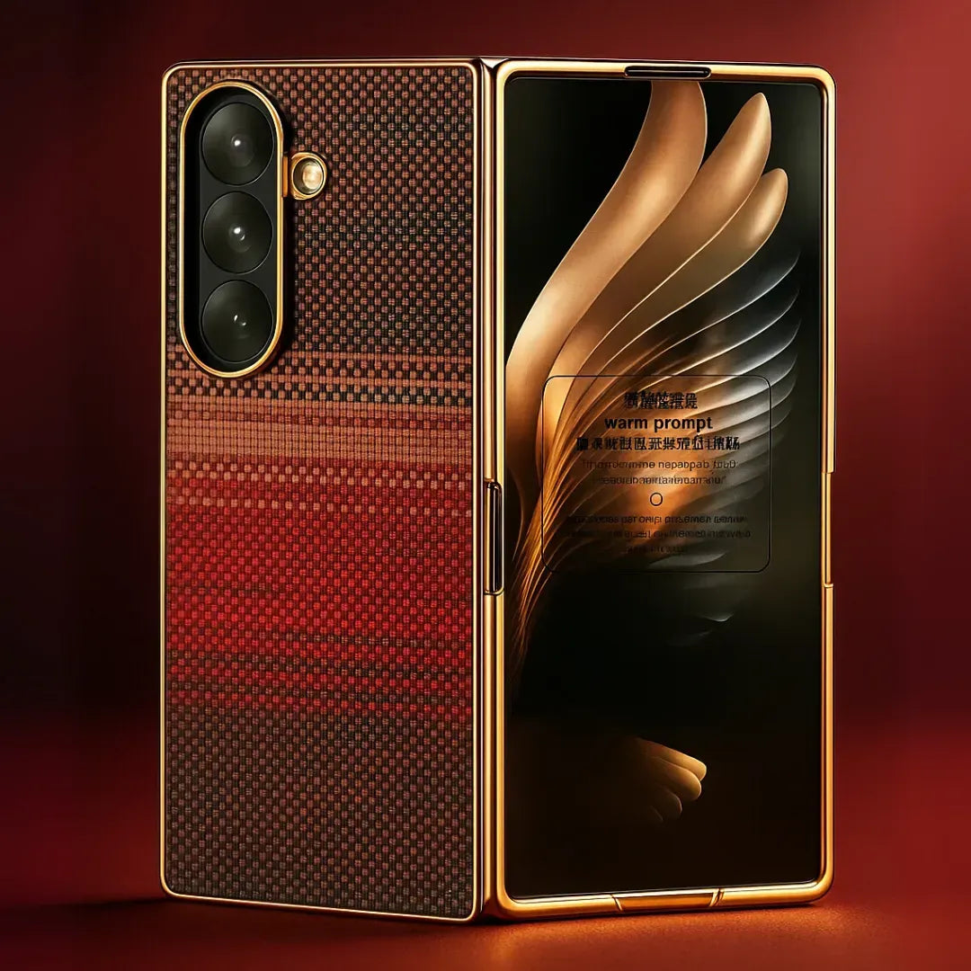 Samsung Galaxy Z Fold 7 Luxury Gold Plating Carbon Fiber Finish Case with Front Glass Protection - Sun - Red