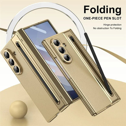 Samsung Galaxy Z Fold7 Plating Leather Case with Stylus & Glass Protection - Gold