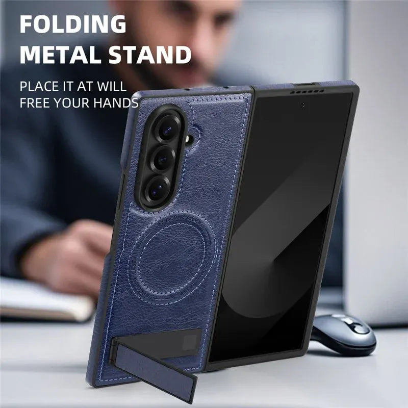 Samsung Galaxy Z Fold7 Leather Case with MagSafe & Kickstand - Black