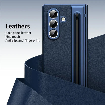 Samsung Galaxy Z Fold7 Plating Leather Case with Stylus & Glass Protection - Blue