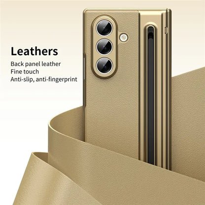 Samsung Galaxy Z Fold7 Plating Leather Case with Stylus & Glass Protection - Gold