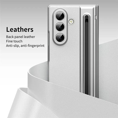 Samsung Galaxy Z Fold7 Plating Leather Case with Stylus & Glass Protection - White