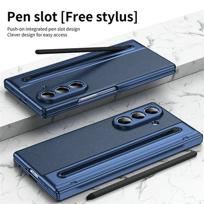 Samsung Galaxy Z Fold7 Plating Leather Case with Stylus & Glass Protection - Blue