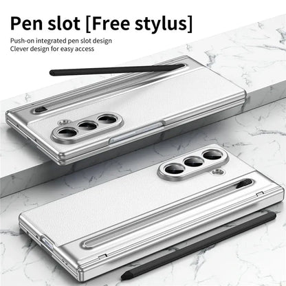 Samsung Galaxy Z Fold7 Plating Leather Case with Stylus & Glass Protection - White