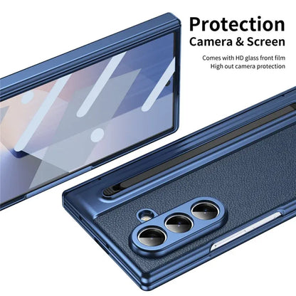 Samsung Galaxy Z Fold7 Plating Leather Case with Stylus & Glass Protection - Blue