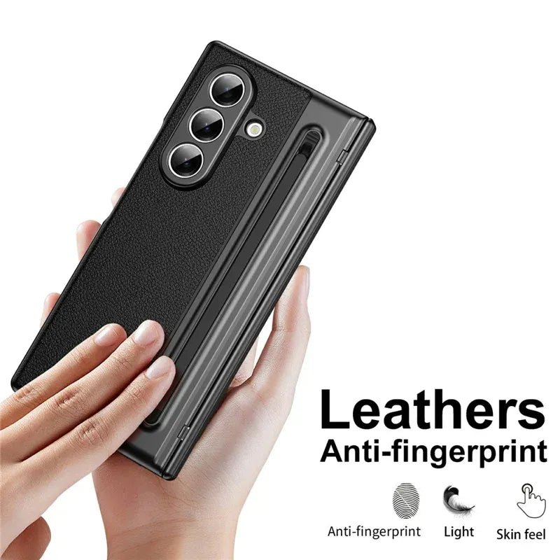 Samsung Galaxy Z Fold7 Plating Leather Case with Stylus & Glass Protection - Black