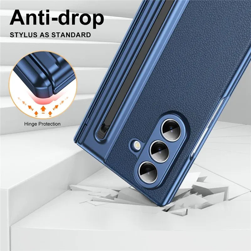 Samsung Galaxy Z Fold7 Plating Leather Case with Stylus & Glass Protection - Blue