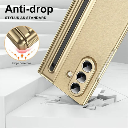 Samsung Galaxy Z Fold7 Plating Leather Case with Stylus & Glass Protection - Gold