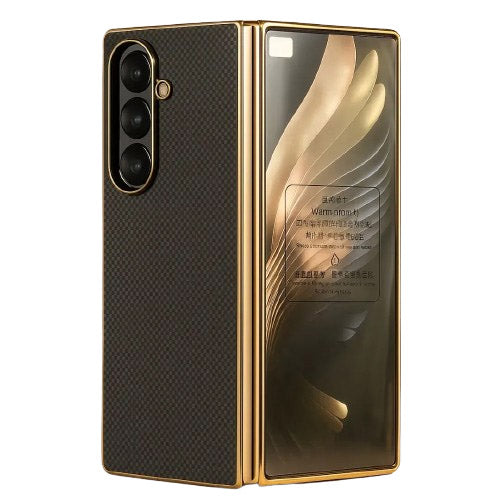 Samsung Galaxy Z Fold 7 Luxury Gold Plating Carbon Fiber Finish Case with Front Glass Protection - Black