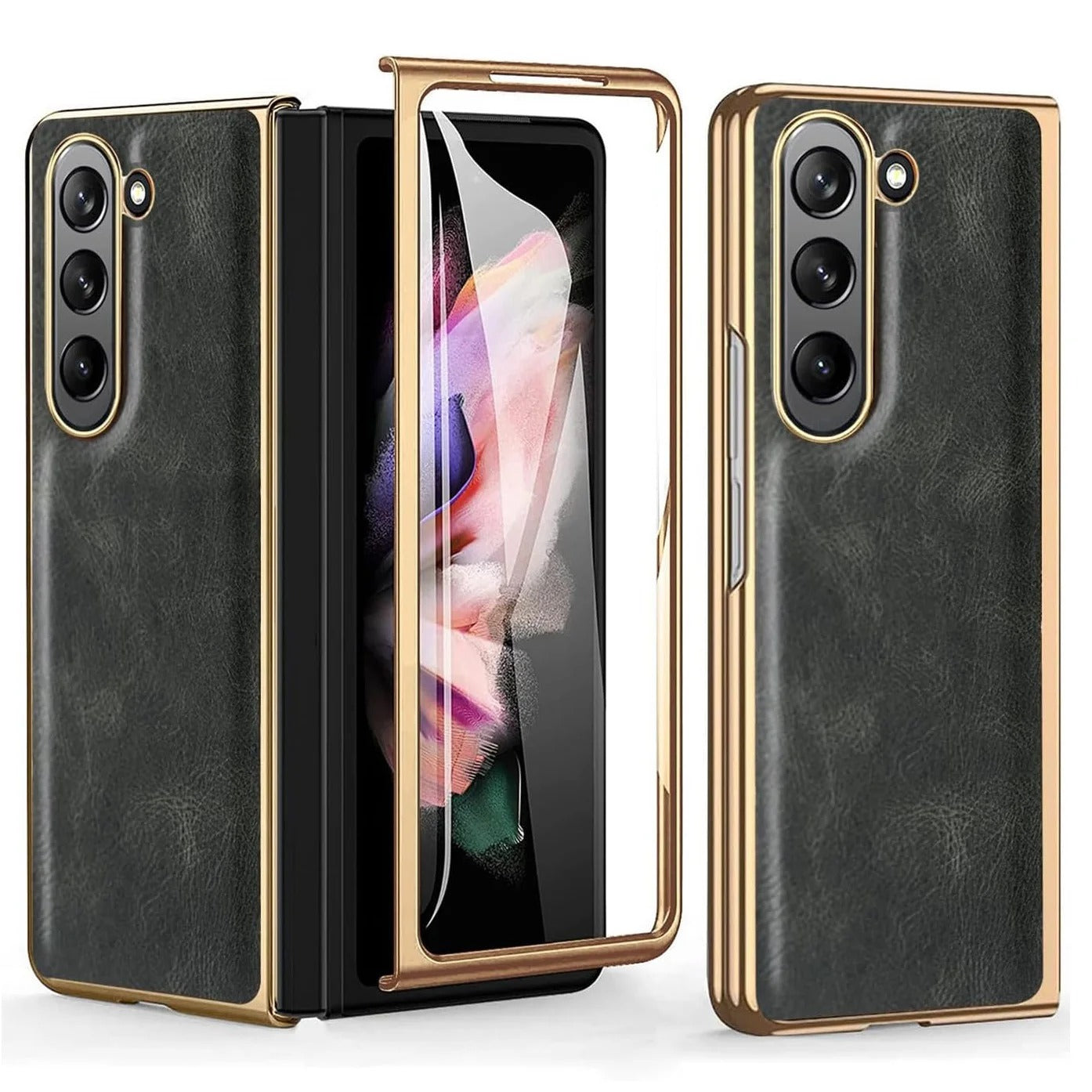 Samsung Galaxy Z Fold 6 Gold Plated Leather Case With Front Glass Protection