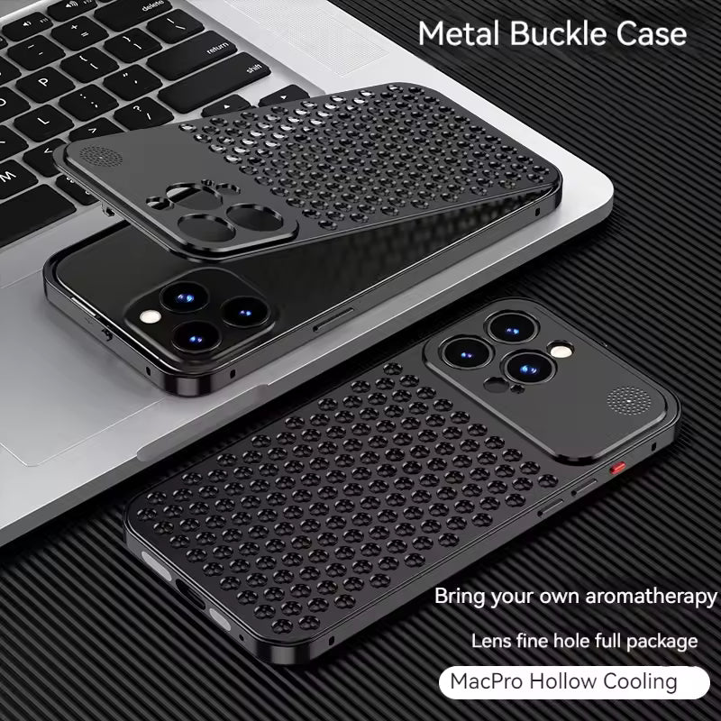 iPhone 15 Pro Max Metal Heat Dissipation Pure Aluminum Cooling Case with Aroma - Black
