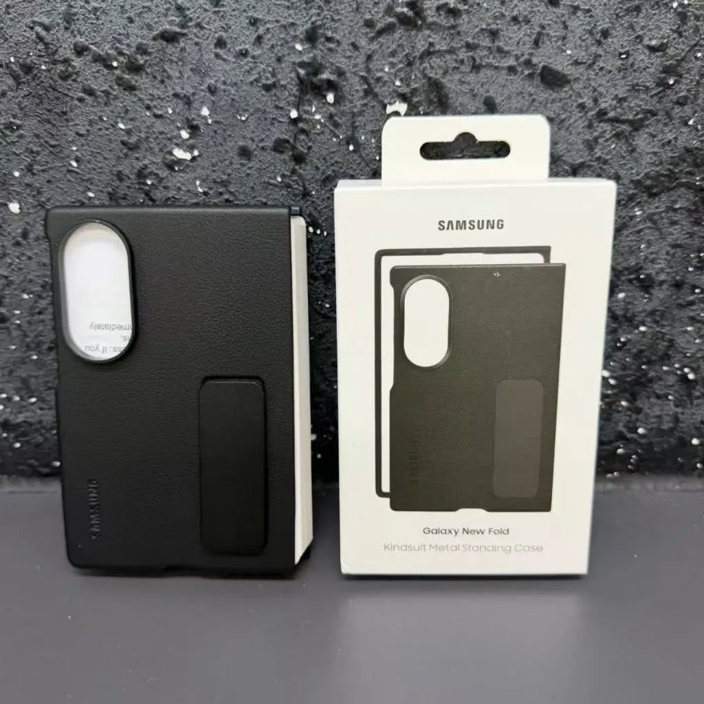 Samsung Z Fold8 Leather Case, Kindsuit Leather Back Cover with Metal Kickstand - Black