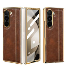 Samsung Galaxy Z Fold7 Gold Plated Dual Line Stitches Leather Case