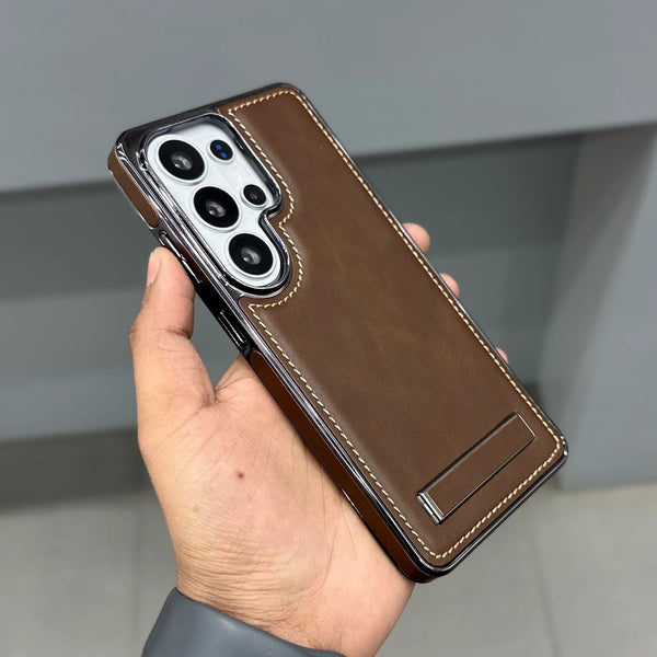 Samsung Galaxy S26 Ultra Leather Chrom Shine Case with Stand - Brown