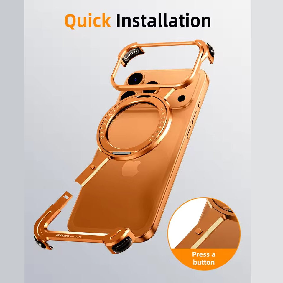 iPhone 17 Pro Z Shape Frameless Metal Bumper Case with 360° Rotatable Stand & Magsafe - Orange