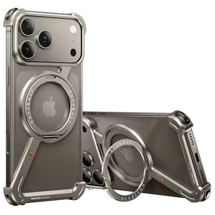 iPhone 17 Pro Z Shape Frameless Metal Bumper Case with 360° Rotatable Stand & Magsafe