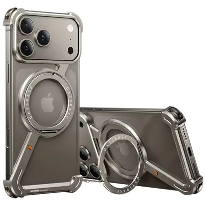 iPhone 17 Pro Z Shape Frameless Metal Bumper Case with 360° Rotatable Stand & Magsafe