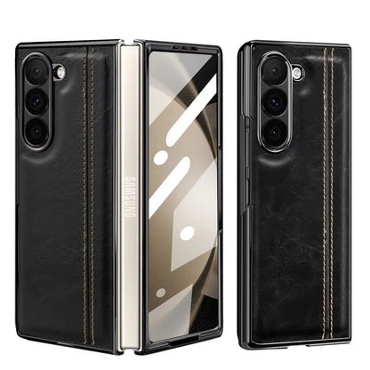 Samsung Galaxy Z Fold7 Gold Plated Dual Line Stitches Leather Case - Black