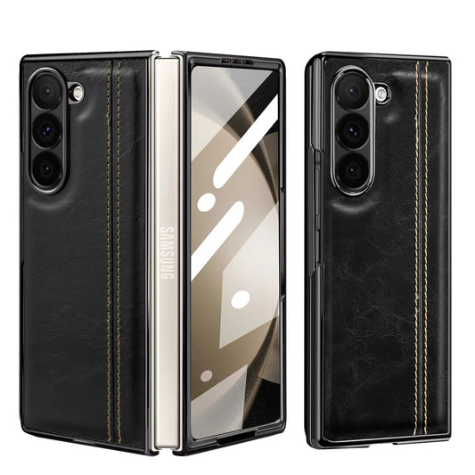 Samsung Galaxy Z Fold7 Gold Plated Dual Line Stitches Leather Case - Black